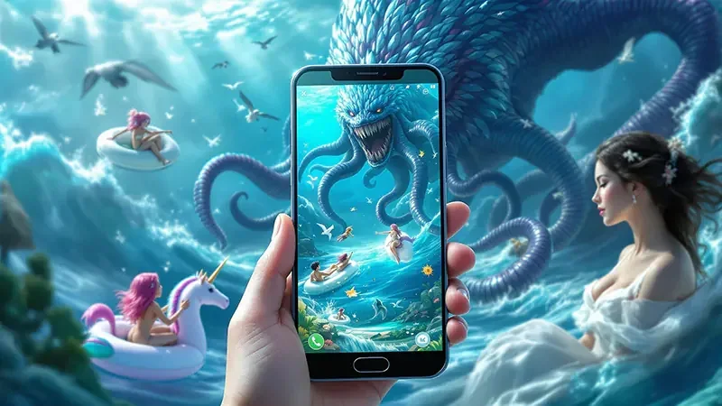Meriam dan target ikan bergerak pada layar permainan mobile